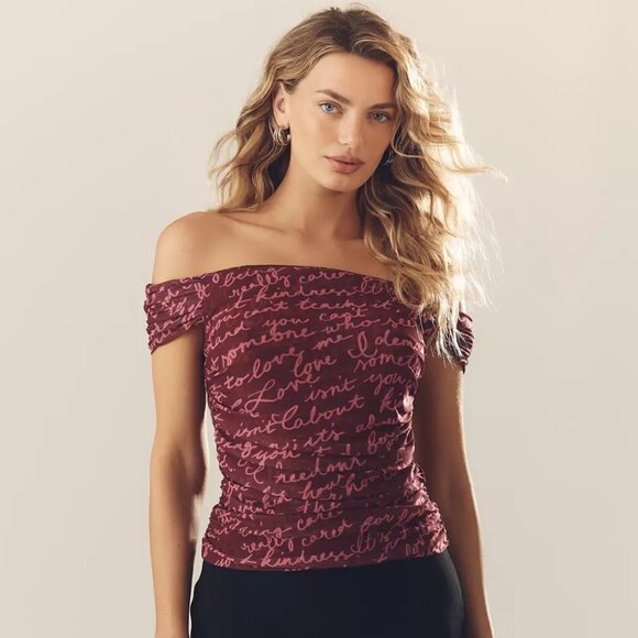 Anthropologie Maeve Off-Shoulder Script Print Ruched Top – Romance Collection - Picture 1 of 11